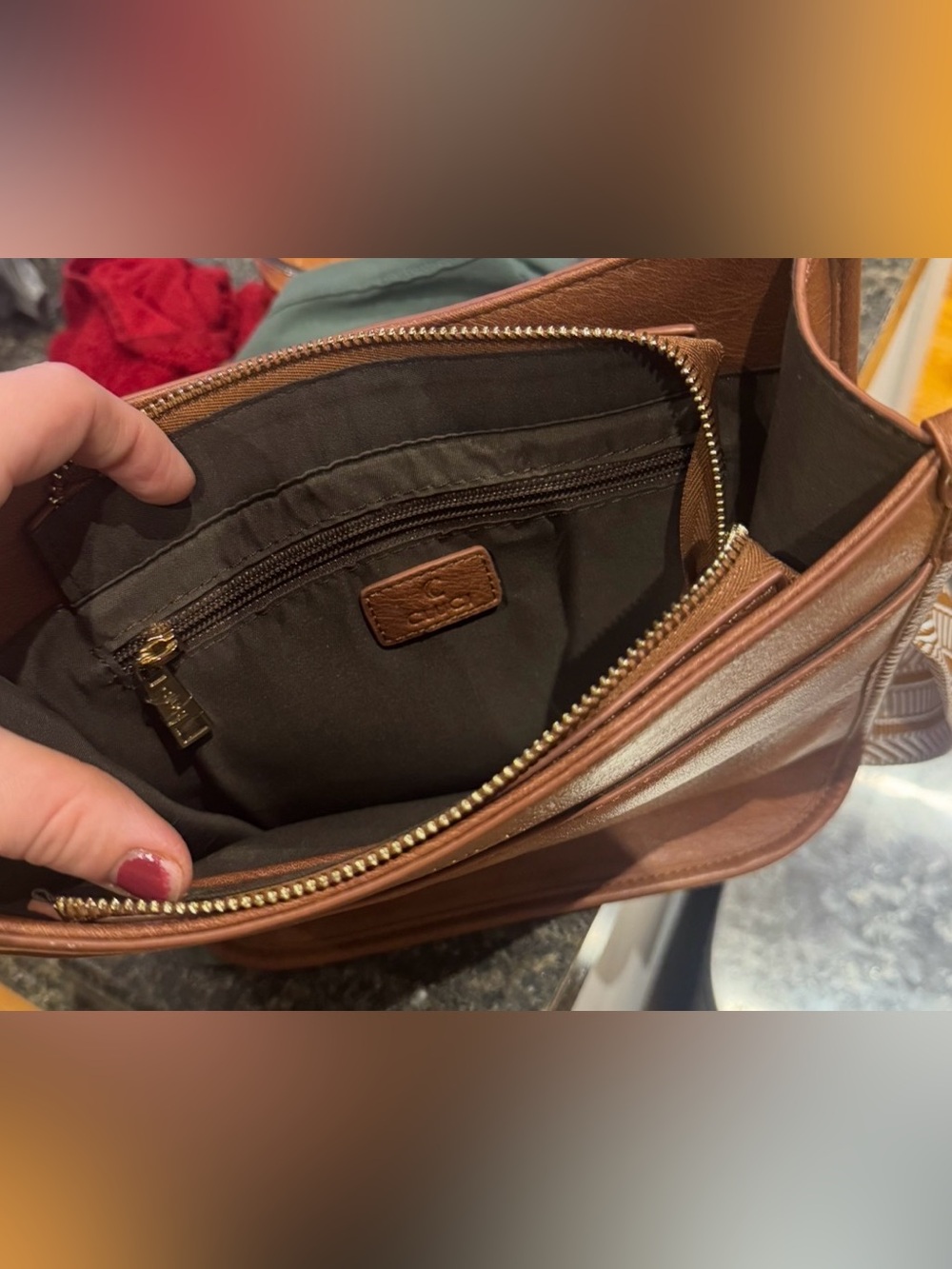Brown Leather Shoulder Bag with Striped Strap - Picture 10 of 12
